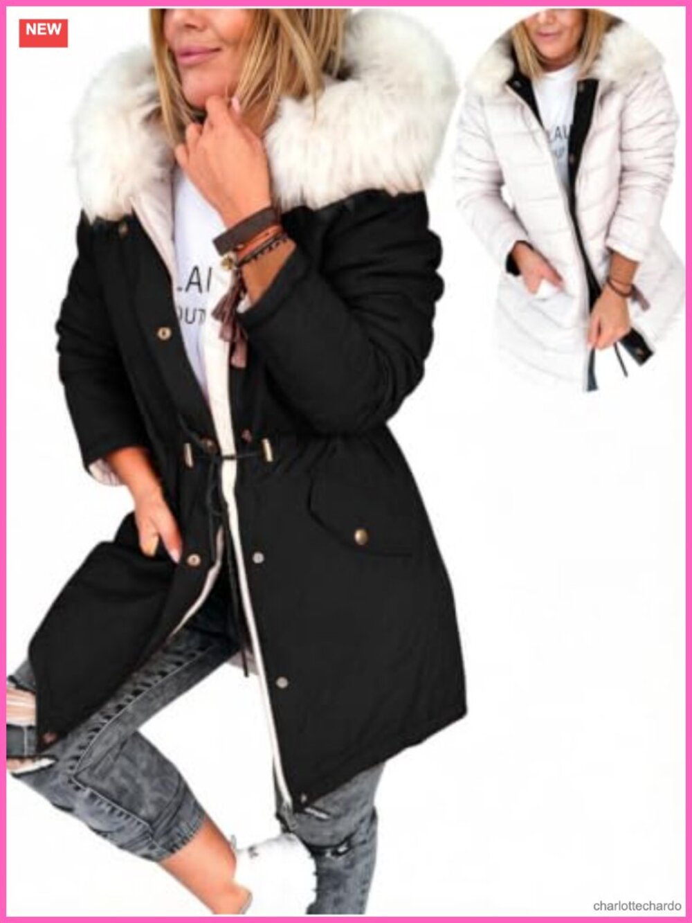 Womens Reversible Puffer Jacket Faux Fur Hood Oversized Winter Coat